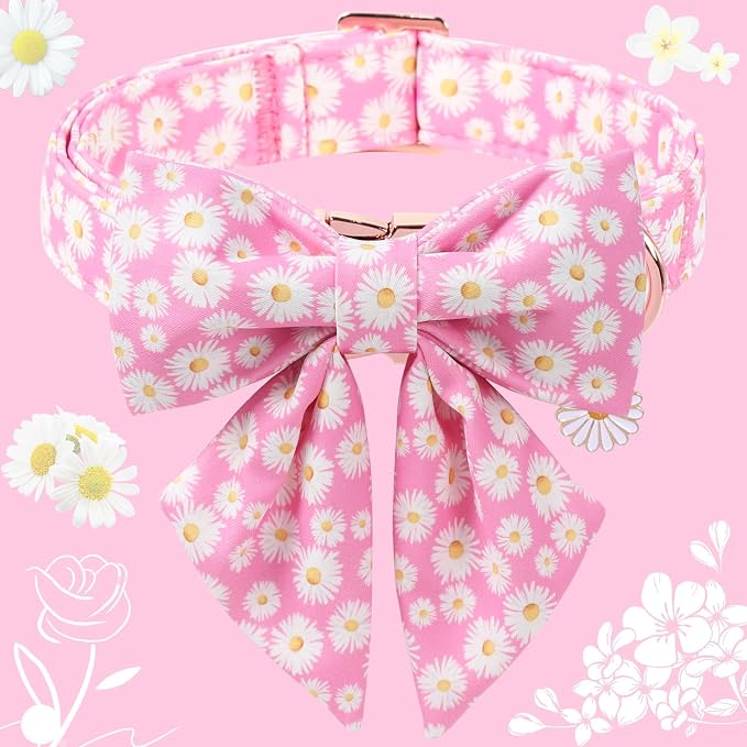 DOGWONG Spring Dog Collar with Sailor Bow, Soft Comfortable Adjustable Cute Pink Daisy Collar Flower Dog Collars for Small Dogs, M