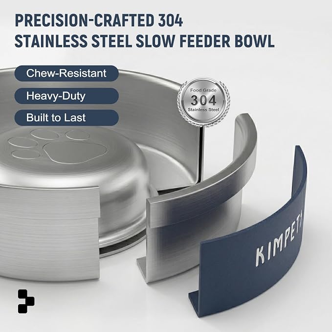 Dog Slow Feeder Bowls Food-Grade 304 Stainless Steel Dog Slow Feeder Bowl Double Wall Heavy Duty Non-Slip Rubber Base 2 Cups Capacity for Small Medium Dogs- Blue