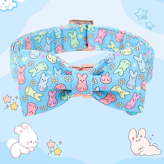 DOGWONG Easter Dog Collar, Blue Bunny Print Dog Collar with Bow, Girl Boy Pet Spring Holiday Dog Collars for Small Medium Dogs,M