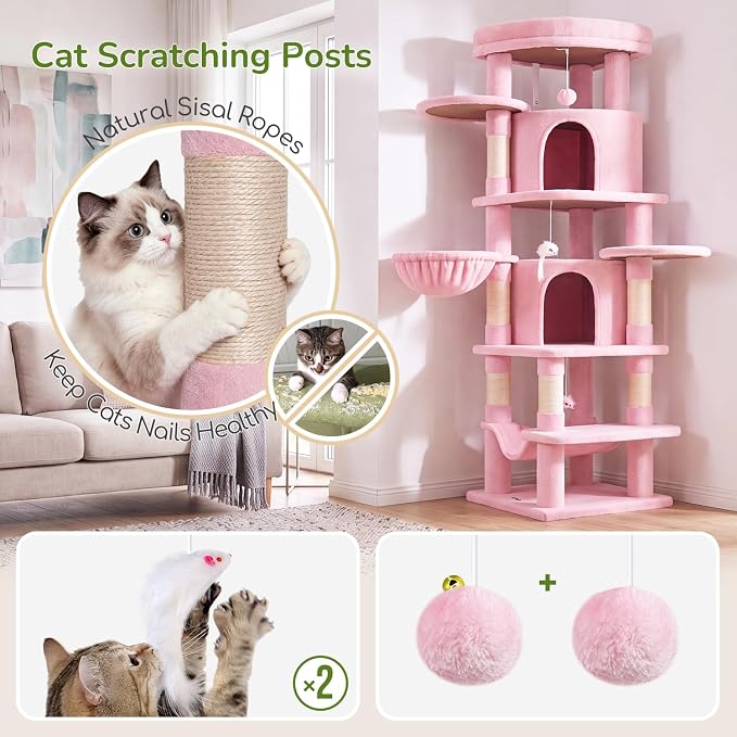 Globlazer 66in Pink Corner Cat Tree Tower for Indoor Large Cats, C66, Pink | Space-Saving Stable Cute Cat Tower with 6 Scratching Posts, 2 Large Fan-shaped Condos & Top Perch, Hammock, Climbing Steps