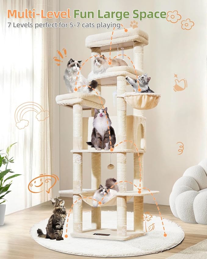 Taoqimiao Heavy-Duty Cat Tree, 71 in Cat Tower for Large Cats 20lbs+ | 3 Giant Multi-Tier Perches, Widened Cat Condo with 9 Scratching Posts, Plush Hammock & Basket, Toys, Beige, MS034M