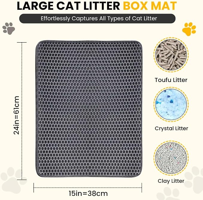 Andalus Brands Medium Cat Litter Mat - Waterproof & Urine-Proof Litter Box Mat, Non-Slip Kitty Litter Mats for Floor, Easy to Clean Litter Trapping Design (24" x 15", Black)