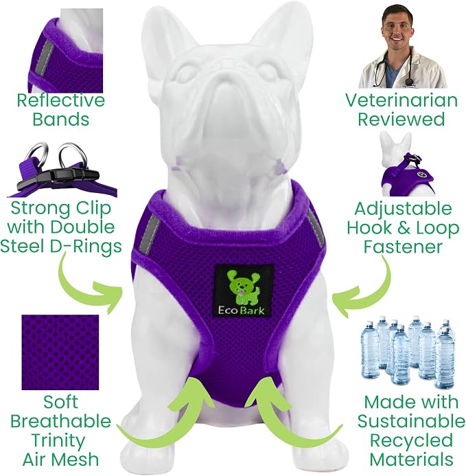 EcoBark Step in Dog Harness - Eco-Friendly Teacup Dog Harnesses for XXS, XS, and Small Dogs - Reflective and Adjustable Mini Body Halter Vest -Tiny Soft Mesh Toy Breed Harness (XXXS,Purple)