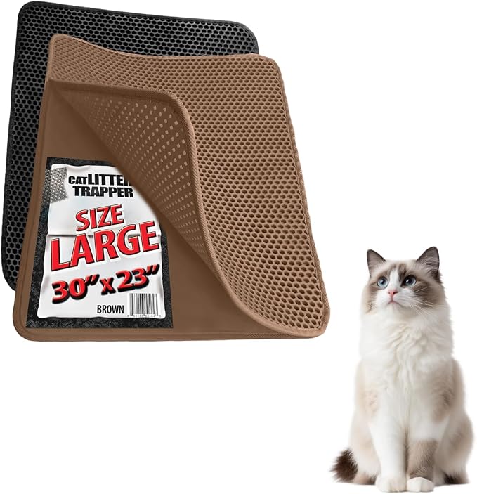 iPrimio Cat Litter Trapper Mat, Waterproof, Double Layer, 30" x 23", Brown | Double layer honeycomb traps scattered litter while the waterproof base blocks urine. Soft on paws and empties in one pour.