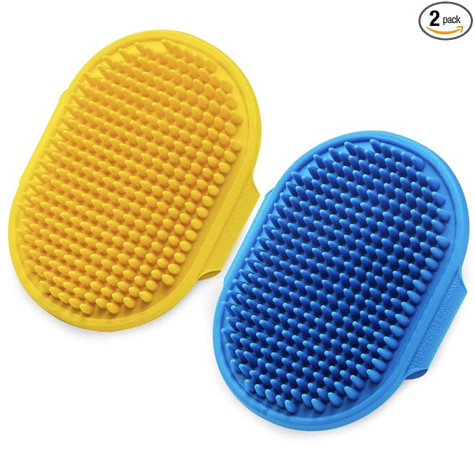 Dog Grooming Brush, Lilpep Pet Shampoo Bath Brush Soothing Massage Rubber Comb with Adjustable Ring Handle for Long Short Haired Dogs and Cats (Blue+Yellow, pack of 2)