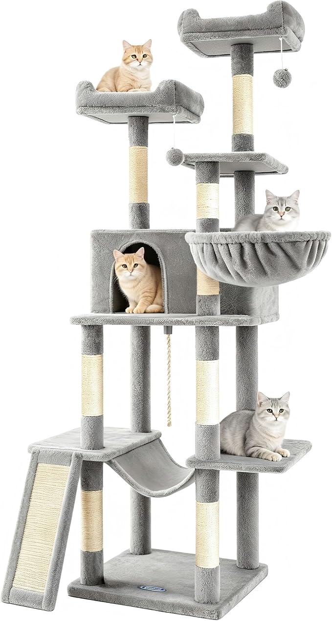 Multi-Level Cat Tree for Large Cats,63 Inches Heavy Duty Cat Tree for Indoor Cat Big Cat Tower with Sisal Scratching Posts Padded Platform, Hammock and Condo