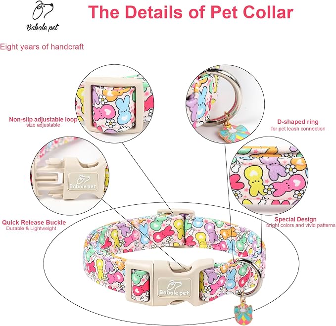 Easter Dog Collar for Small Dogs - Colorful Bunny Print Easter Collar for Male Female Dogs, Lightweight Adjustable Spring Holiaday Dog Collars with Quick Release Buckle S