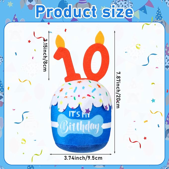 Dansydaisy Dog Birthday Cake Toy Squeaky Plush Toy for Girl Boy Gifts, Chew Accessories for Dog Birthday Party Decor Favor for Large, Medium and Small Dogs(10th,Blue)