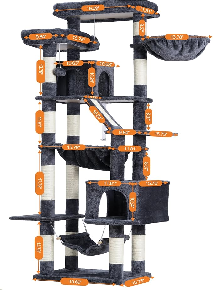 Heybly Cat Tree, 71-Inch-Tall Tower for Indoor Cats with 2 Perches HCT034G | Large Cat Furniture with 2 Big Condos, 2 Hammocks, Basket, Scratching Pad, Multi-Level Cat Condo, Smoky Gray