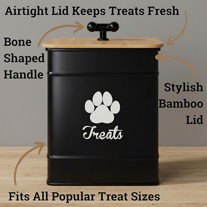 Dog Treat Container Airtight - 6 Inch Wide x 8 Inch Tall Iron Dog Treat Jar for Kitchen Counter with Airtight Bamboo Lid - 12 Cup Capacity Pet Treat Container - Doggie Cookie Jar - Big Treats Canister