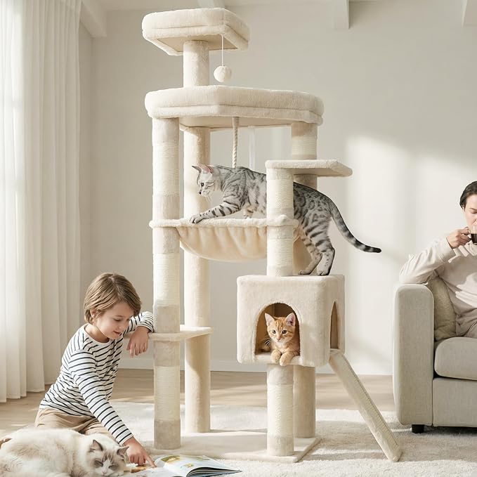 Heybly 64.2" Heavy-Duty Cat Tree for Large Cats with Wide Base HCT027M | Indoor Cat Tower with Scratching Posts & Board, Cat Furniture with Big Platforms, Extra-Large Hammock, Beige