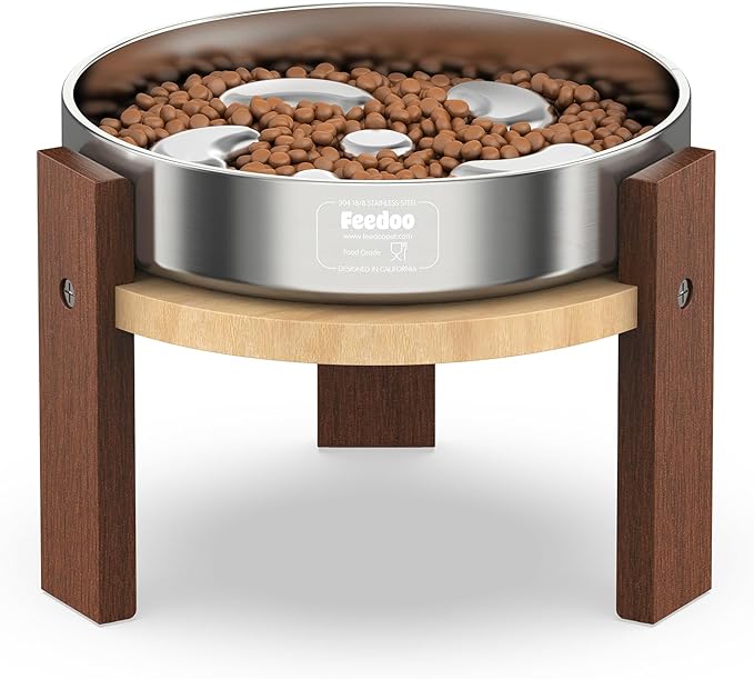 Feedoo Elevated Dog Bowl Stand, 6'' Height Raised Stand for Medium Dogs, Includes 2Cups Stainless Steel Slow Feeder Dog Bowl, Durable Solid Hardwood