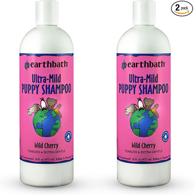 earthbath Ultra-Mild Wild Cherry Puppy Shampoo, Made in USA, 16 Oz (2 Pack) | Extra Gentle & Tearless Dog Shampoo, Deodorizing Dog Wash, Cruelty Free Puppy Supplies