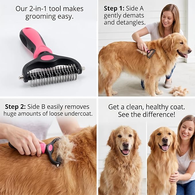 Dematting Comb for Dogs and Cats, 2026 New Undercoat Rake Pet Brush for Long Hair, 2-in-1 Dual-Sided Deshedding Dog Brush Removes Tangles Knots and Loose Fur, Grooming Tool for Thick Coats (Pink M)