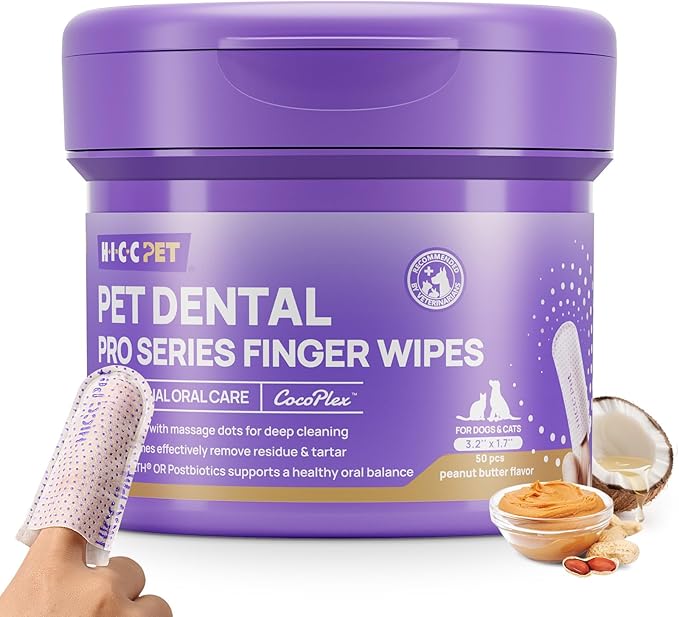 HICC PET Pro Dog Teeth Cleaning Finger Wipes for Dogs & Cats, No-Rinse Daily Oral Care Wipes, Soft Textured Finger Wipes for Teeth & Gum Cleaning, Dog Toothbrush Alternative, 50 Count, Peanut Butter