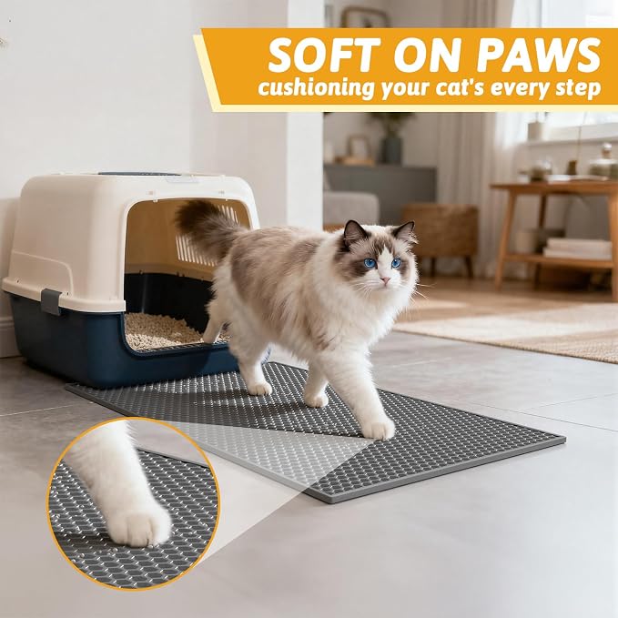 Pieviev Double Layer Cat Litter Mat Traps Scattered Litter 24''x15'' 2 Pack | Waterproof Urine Resistant Layer Litter Box Mat, Easy Collection, Soft on Kitty Paws, Gray Color for Indoor Cats