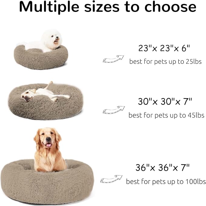 HACHIKITTY Calming Donut Cuddler Dog Bed, Round Fluffy Pet Bed with Sewn-in Cushion for Large Dogs,Washable, Large, Taupe, 23''