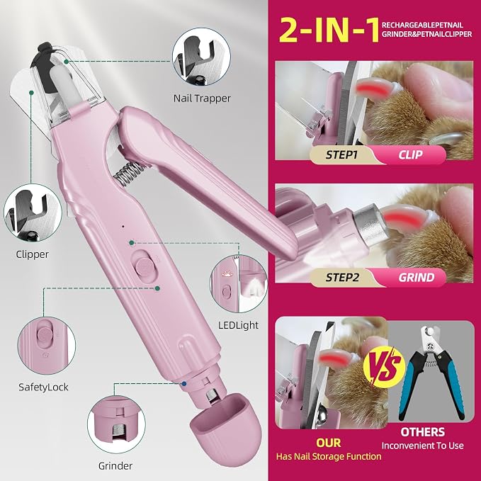 2 in 1 Dog & Cat Pets Nail Clippers and Grinder with Lights - Safety Guard to Avoid Overcutting,Professional Pet Nail Claw Trimmers, Professional Grooming Tools for Pets (Medium & Small Pet) (Pink) | Safety Guard to Avoid Overcutting, Sharp Blade, Pain...