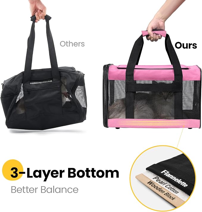 Conlun Cat Carrier Airline Approved, Soft-Sided Dog Carrier with Inner Safety Leash, Pet Transport Carrier for Small-Medium Cats Puppies up to 15 Lbs, Collapsible Travel Kitten Carrier Bag -Pink M