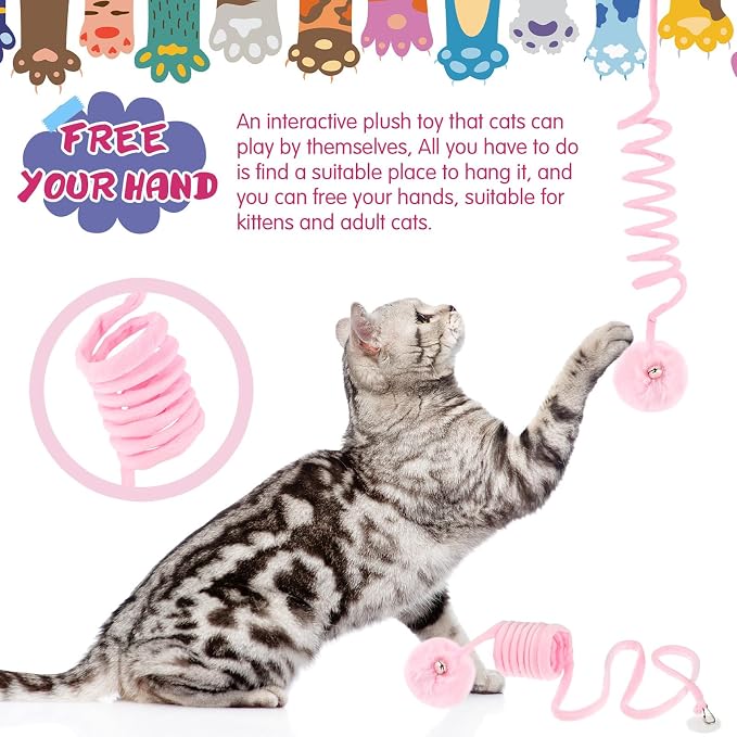Gemscream 46 Pcs Cat Toys Set Interactive Cute Cat Toys Include Fur Mice Rattle Springs Crinkle Balls Pompom Bell Sisal Ball Puzzle Chase Toys for Kitten Indoor Stuff Gift(Pink)