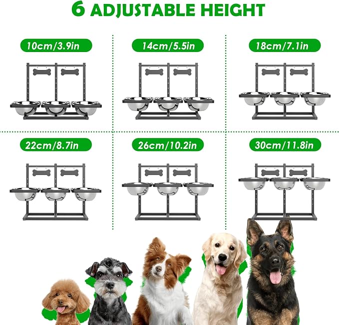 SHAINFUN Elevated Dog Bowls for Medium/Large Dogs with Mat, 6 Height Adjustable Raised Dog Bowls, Three Large 58oz Food Water Stainless Steel Bowls