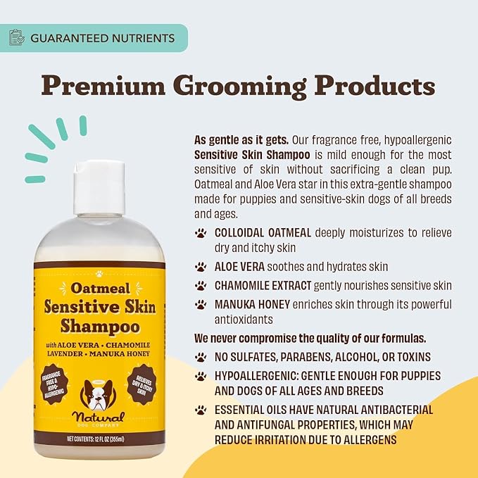 Natural Dog Company Oatmeal Shampoo & Sensitive Skin Conditioner Bundle for Dogs – Anti-Itch, Hypoallergenic Oatmeal Formula with Manuka Honey & Chamomile, Moisturizing, Deodorizing & Detangling Groom
