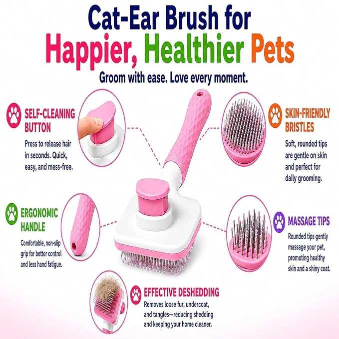 Generic Pink Cat grooming brush, Pet hair brush with Massage Particles, Self Cleaning Dematting Comb for Dogs and Cats, Easy to Use, Ergonomic Handle Design