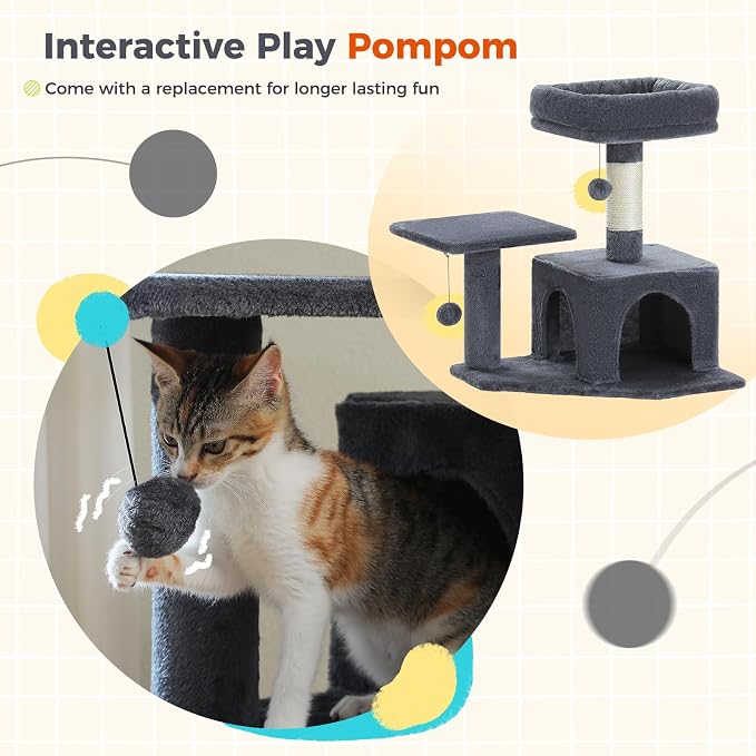 PEQULTI 56.3'' Cat Tree for Indoor Cats, Multi-Level Cat Tower with 2 Top Perch, Cat Condo, Hammock and Sisal-Covered Scratching Post, Smoky Grey