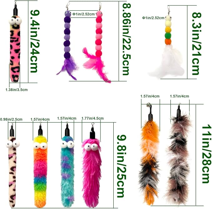 AcceLeah Cat Worm Toy Refills Cats Teaser Toys Cat Fishing Pole Toy Refill Wand Replacement Cat Wand Attachments 10Pcs Cat Worms and Dragonfly Refill,Cat Wand Toy Assorted Teaser Refills(10Pcs)