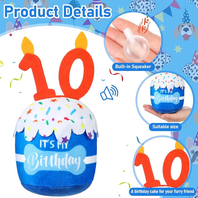 Dansydaisy Dog Birthday Cake Toy Squeaky Plush Toy for Girl Boy Gifts, Chew Accessories for Dog Birthday Party Decor Favor for Large, Medium and Small Dogs(10th,Blue)