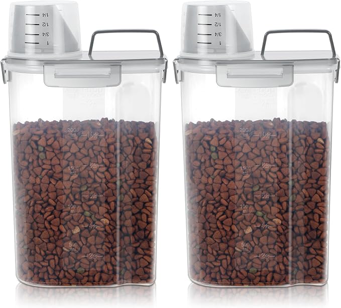 LEAWALK Airtight Small Cat Dog Pet Food Storage Containers BPA Free, with Large Pour Spout/1 Measuring Cup/ 4 Safety Locks and Double-layer Silicone Strip (Clear Grey x 2, 3L-2pack)