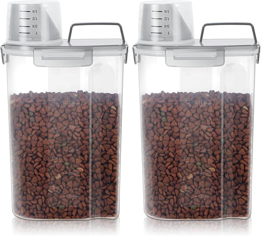 LEAWALK Airtight Small Cat Dog Pet Food Storage Containers BPA Free, with Large Pour Spout/1 Measuring Cup/ 4 Safety Locks and Double-layer Silicone Strip (Clear Grey x 2, 3L-2pack)