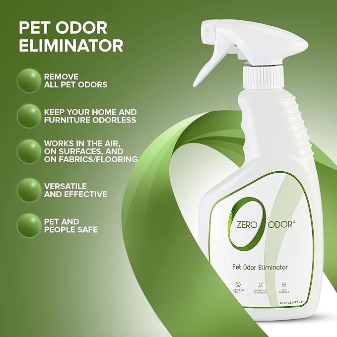 Zero Odor Pet Odor Eliminator Spray for Dog & Cat Urine, Carpet Deodorizer | Enzyme free, Urine Smell Eliminator for Pet Beds, Litter Areas & Furniture, 16 FL OZ