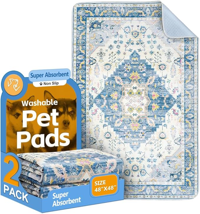 Washable Pee Pads for Dogs, 2 Pack Reusable Puppy Training Pads 48"x48" Super Absorbent Waterproof Dog Training Pads, Non-Slip Potty Pads, Whelping Pads Litter Mat Blue Medallion