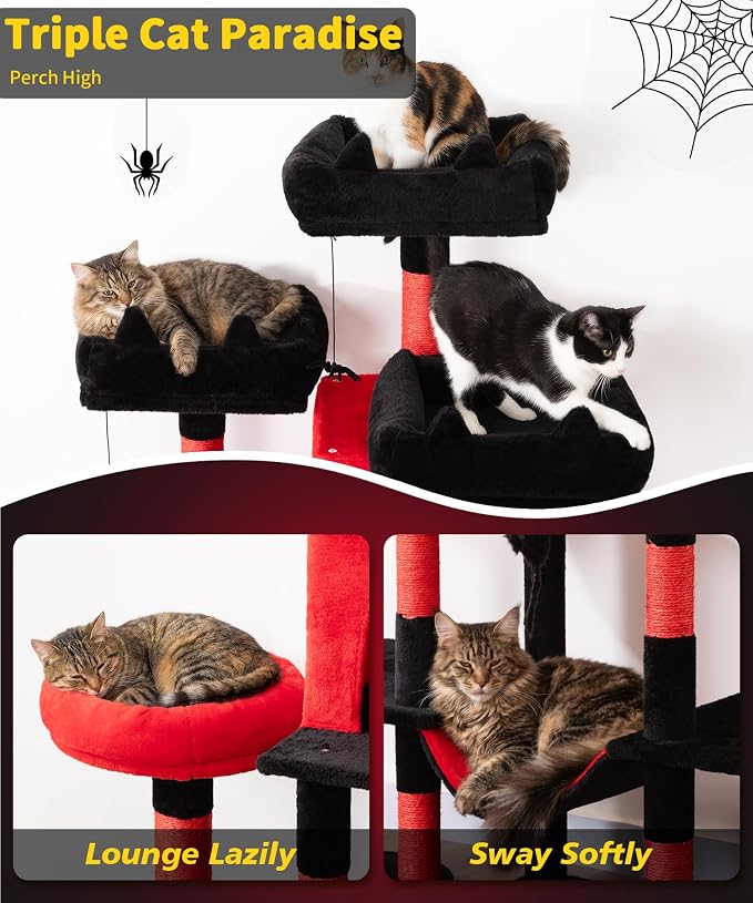 Gothic Cat Tree, 71 Inch Heavy Duty Cat Trees for Large Cats | Tall Cat Tree Tower with Extended Base, 2 Condos, 3 Perches, 9 Sisal Posts & Hammock for Indoor Adult Cats, Black Red