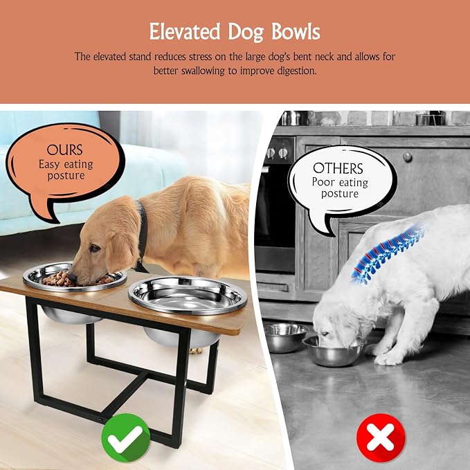 Spacnom Elevated Dog Bowls for Large Dogs, Raised Dog Bowl Stand with Two X-Large Stainless Steel Bowls for Dogs, 3.5L Capacity, Rustic Walnut
