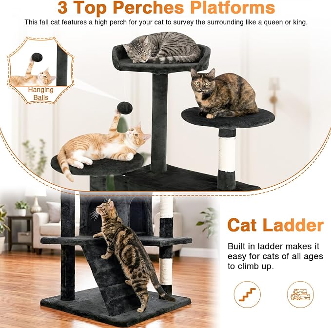 FDW | 54" Cat Tree Tower | Dark Gray | Multi-Level Indoor Activity Center | with Sisal Scratching Posts, Condos, Plush Perches, Hanging Cat Toys | Sturdy, Easy to Assemble | for Kittens & Adult Cats
