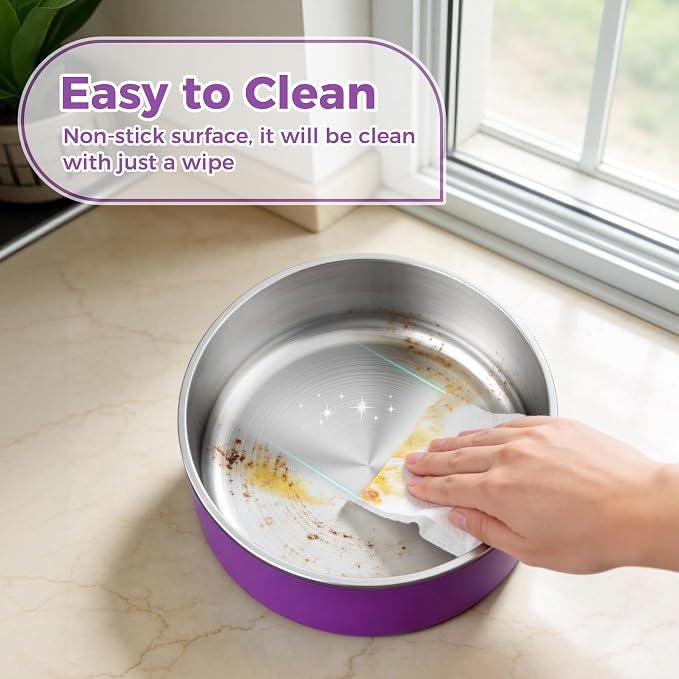 WENBOKMIN Dog Bowl, Stainless Steel Dog Food and Water Bowl with Non Slip Quiet Bottom, Easy to Clean, Dishwasher Safe, 64oz, Purple