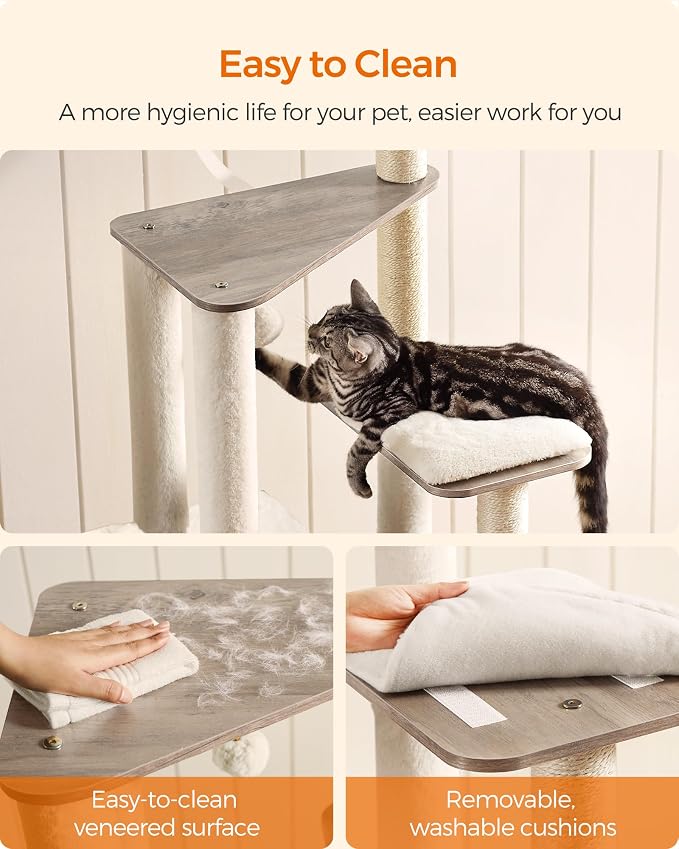 Feandrea Cat Tree, 64.6-Inch Modern Cat Tower, Multi-Level Condo with 5 Scratching Posts, Perch, Washable Removable Cushions, Cave, Heather Greige UPCT166G01 | Contemporary Cat Condo for Indoor Cats, Perch, Washable Removable Cushions, Heather Greige, ...