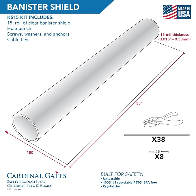 Cardinal Gates KS15 Banister Shield Protector - Clear Indoor Banister Guard for Babies - Shatterproof Plastic Banister Guard for Pets - Made in The USA - 15 Feet Roll