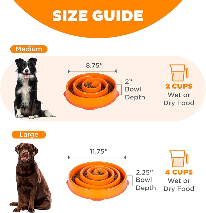 Outward Hound Fun Feeder Slo Bowl – Medium 2‑Cup Capacity, Slow Feeding, Small to Medium Dogs & Cats, Non-Slip, Orange, Swirl Pattern