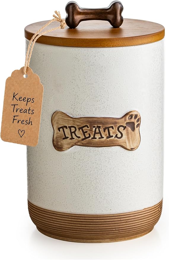 Miamolo Airtight Dog Treat Container, Dog Food Storage Container, Ceramic Dog Treat Jar with Wood Lid and Handle, Pet Treats Canister for Countertop, Farmhouse Gift for Dog Lovers, Bone Glinting White