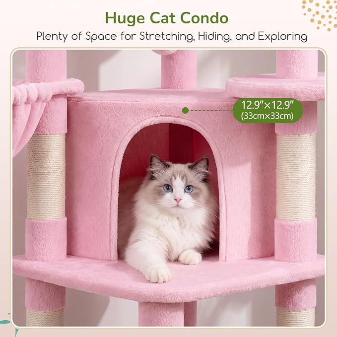 Globlazer Pink Corner Cat Tree Tower with Scratching Post, C51, Pink | 51in Space-Saving Multi-Level Cute Cat Condo for Indoor Cats with Hammock, Large Top Perch for Large Cats, Cozy Cat Cave