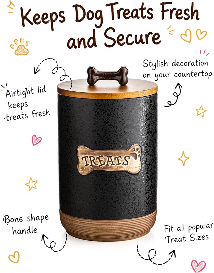 Miamolo Dog Treat Container Jar, Ceramic Airtight Dog Food Storage Container with Lid and Handle, Dog Treats Cookie Snack Jar Canister for Kitchen Counter, Gift for Dog Owners, Bone Glinting Black