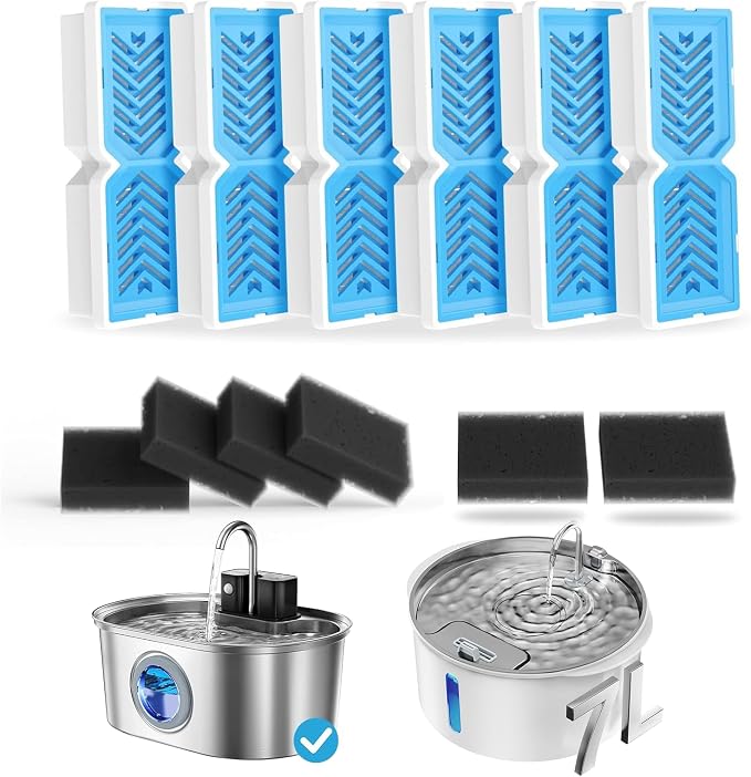 PEKTACO Replacement Water Fountain Filters, Fits 412/418, 3.2L & 7L, 6 Pack | Includes pre-filter sponges, helps trap hair and debris, supports cleaner water flow and routine fountain maintenance