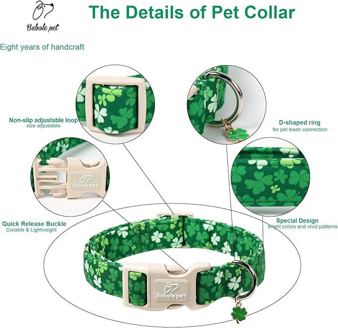 St. Patrick's Day Dog Collar for Medium Dogs - Bold Green Lucky Clover Dog Collars, Cute Irish Party Shamrock Puppy Collar, Lightweight Adjustable St. Patricks Day Pet Collars M