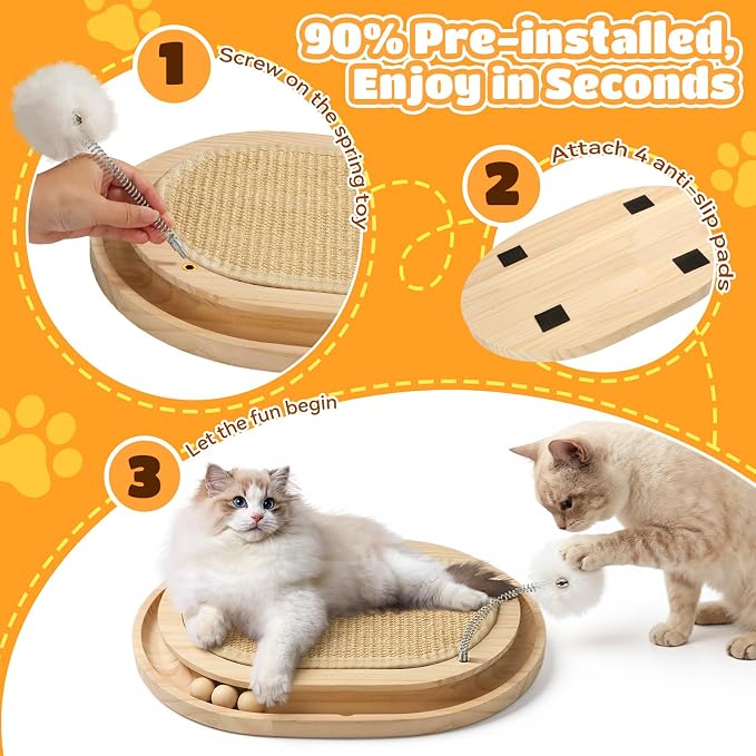 Cat Scratcher, Natural Sisal Scratching Pad, Kitten Interactive Toy with Ball Track & 3 Spring Plush Toys for Chasing Hunting Exercise, Round Wooden Cat Scratchers for Indoor