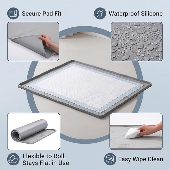 ondware Dog Pee Pad Holder,Silicone Indoor Dog Potty Tray,28x22 in,Gray,Thickened Material,Raised Edge Mat,Completely Leak-Proof, Effectively Protect the Floor, Portable Multi-Use Design.