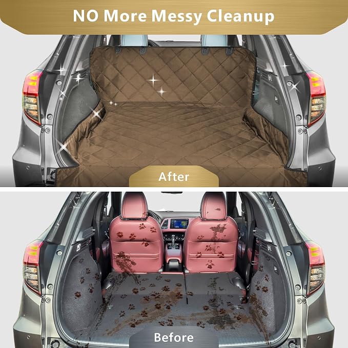 F-color SUV Cargo Liner for Dogs, Water Resistant Pet Cargo Cover Dog Seat Cover Mat for SUVs Sedans Vans with Bumper Flap Protector, Non-Slip, Large Size Universal Fit, Brown