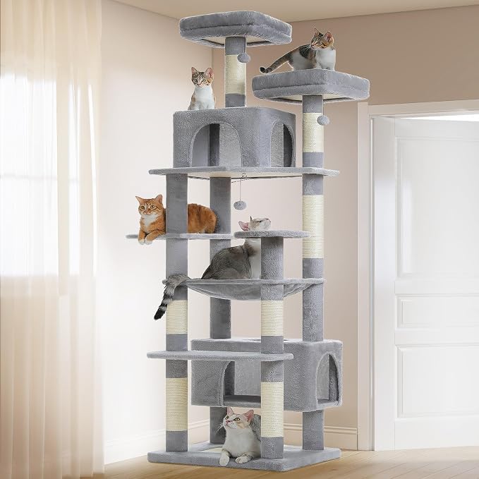 PAWZ Road XXL 81" Cat Tree Large Cats with Big Condos,Perches Sisal Posts | 20"x16" hammock for adult cats, tall cat tower with 7 scratching posts, dual perch and large condo for big maine cats